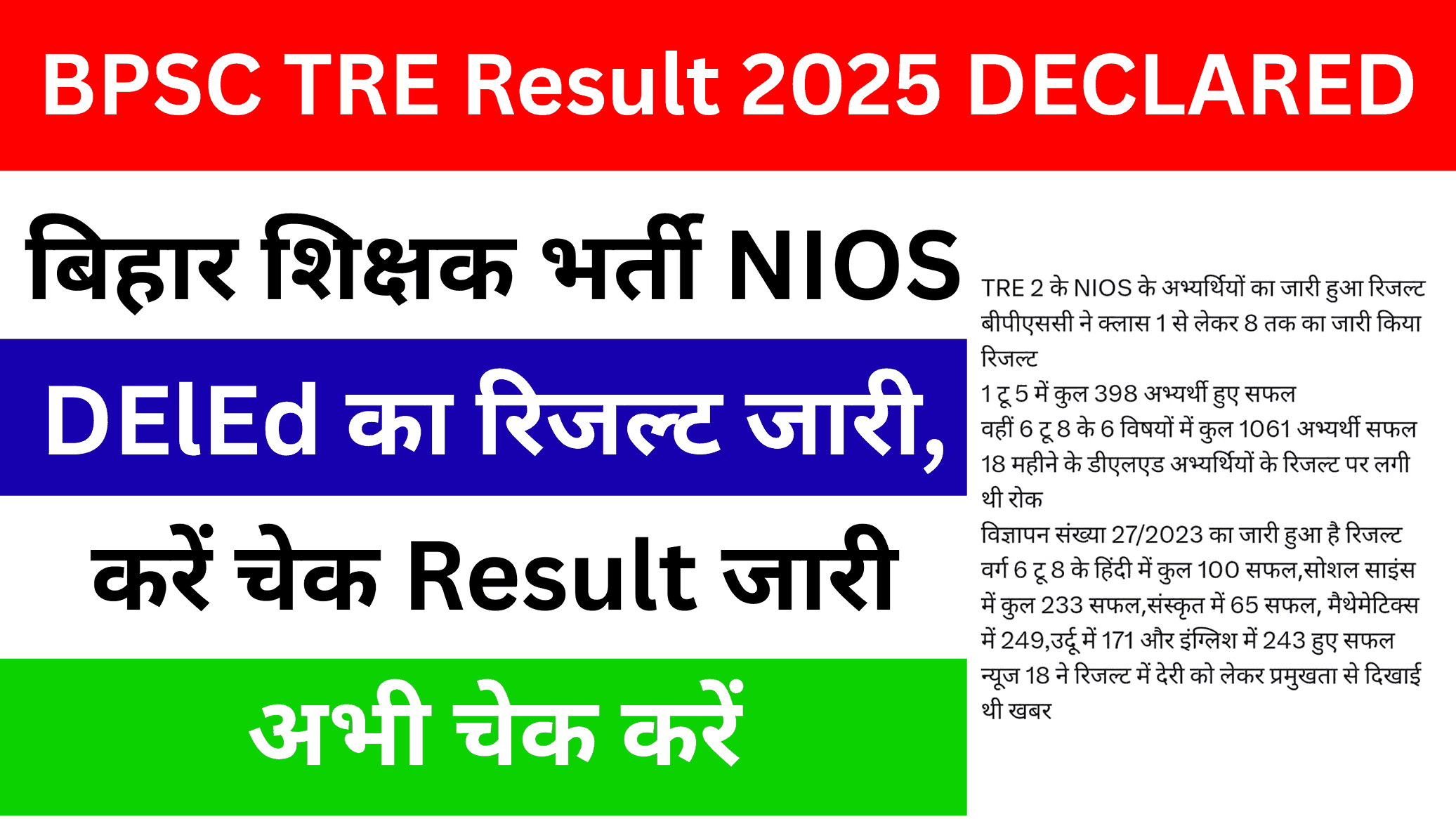 BPSC TRE Result 2025 DECLARED: बिहार शिक्षक भर्ती NIOS DElEd का रिजल्ट जारी, करें चेक
