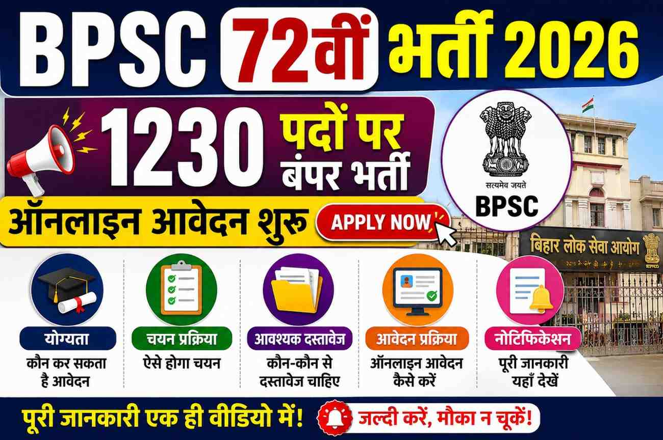 BPSC 72th Recruitment 2026: 1230 पोस्ट के लिए आवेदन, Eligibility से लेकर Selection Process तक पूरी जानकारी