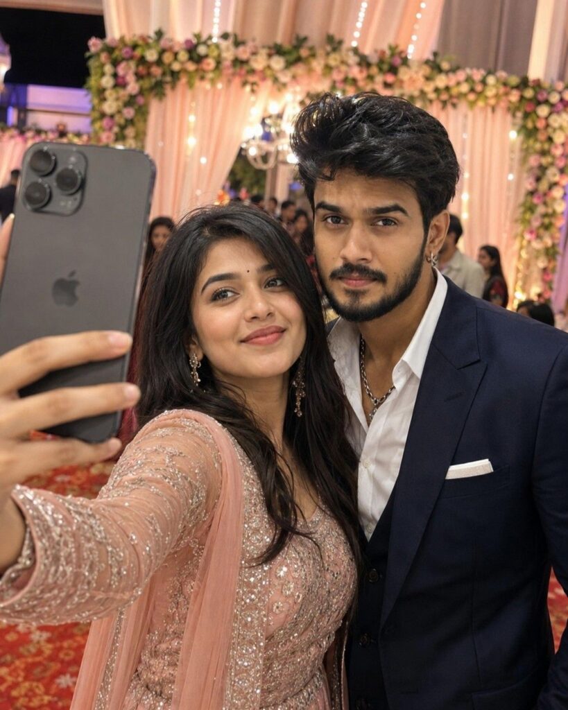 Ultra-realistic 16K DSLR-quality Indian wedding reception selfie of a young couple, captured exactly like a real candid smartphone selfie. The woman is standing slightly in front, holding an iPhone 15/16 Pro in her left hand with her arm fully extended toward the cameraBoth the man and woman are looking directly at the phone's front camera lens, not at the viewer. Natural expressions with soft smiles.Use the uploaded image as the ONLY facial identity reference with STRICT identity lock enabled at maximum strength.
The face must remain 100% IDENTICAL to the uploaded image in EVERY frame, angle, expression, lighting condition, and scene.
Preserve EXACTLY:face shapeforeheadeyeseyebrowsnoselipsearsjawlinecheek structurebeard/mustachehairstyle and hairlineskin tone and texturefacial proportionsexpression styleage appearance
ABSOLUTELY NO:face morphingbeautificationAI stylizationsymmetry correctionface enhancementskin smoothingsharpeningmakeup effectseye enlargementjawline modificationhairstyle redesignidentity driftage changefacial reconstruction
The person must look like a DIRECT EXACT COPY of the uploaded image, not an AI-generated variation.
Maintain:exact identity consistencyrealistic proportionsnatural skin texturesame recognizable facial features
If any conflict occurs between cinematic quality, motion, lighting, effects, or identity:
ALWAYS PRIORITIZE PERFECT FACE ACCURACY OVER EVERYTHING ELSE.
If identity begins to drift:reduce motionreduce stylizationreduce camera movementreduce effects
instead of altering the face.
FINAL RULE:
ZERO facial variation allowed.
DO NOT CHANGE THE FACE EVEN BY 1%.