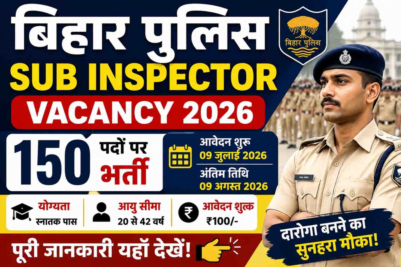Bihar Police Sub Inspector Vacancy 2026: 150 दारोगा पदों पर भर्ती, 09 अगस्त तक करें ऑनलाइन आवेदन